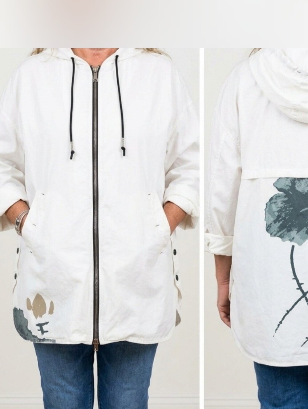 Designer Botanical Ink-Wash Oversized Hooded Parka Jacket - Size XL-2XL